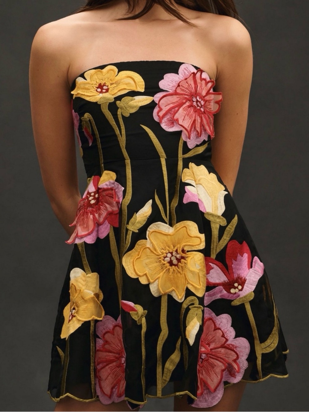 Anthropologie Black Strapless Dress with Yellow & Pink Floral Embroidery - Picture 2 of 7